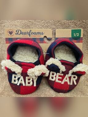 Dearfoams Baby Bear Limited Edition Red Plaid Cozy Slip-On Slipper Shoes